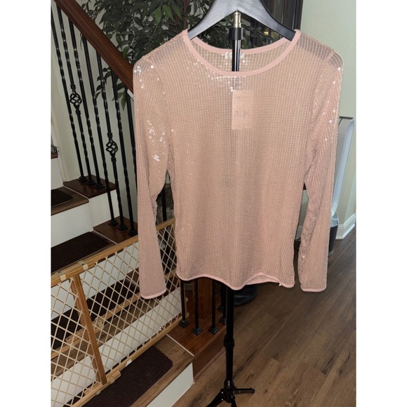 Free People Mink Sequin Knit Top Long Sleeve Sparkle Sheer Mesh Beige L - Picture 5 of 8